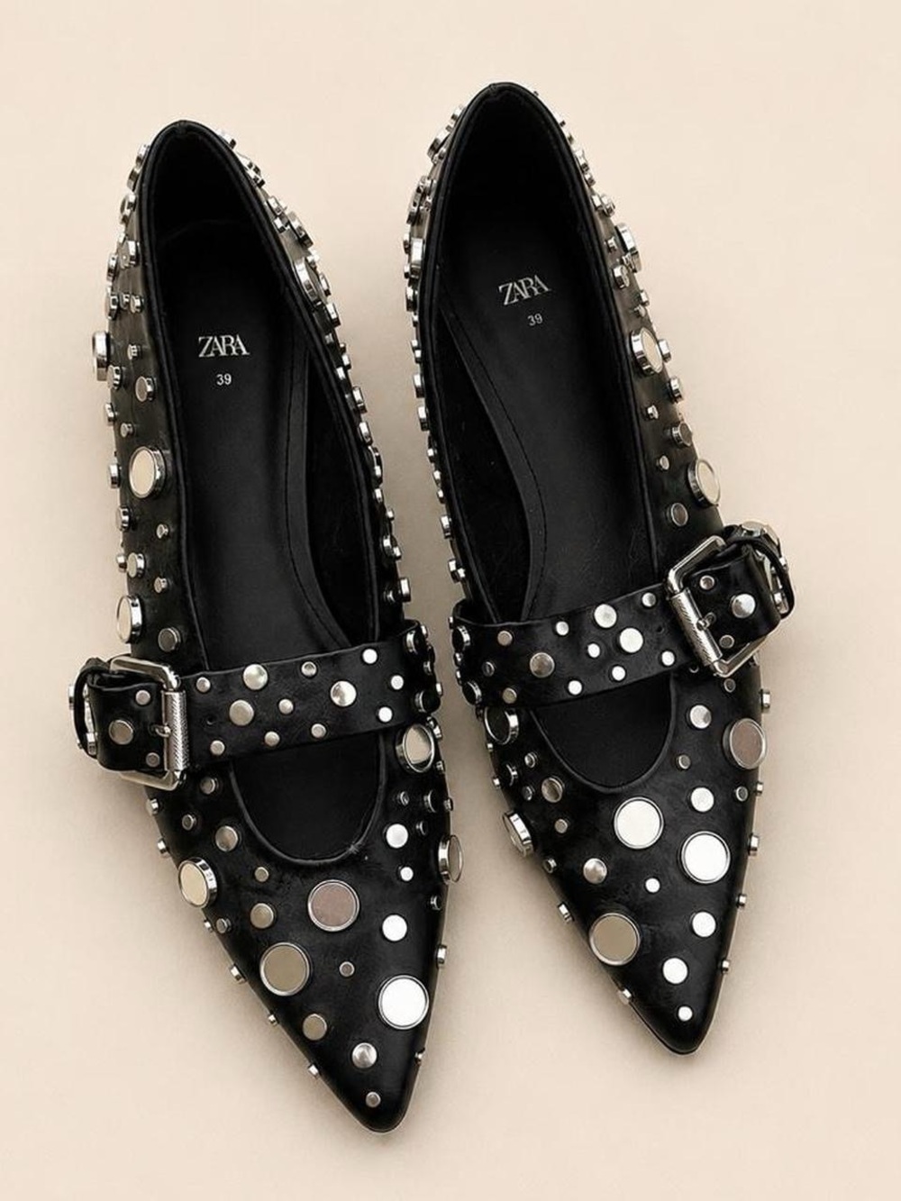 Zara Black Studded Pointed Mary Jane Flats with Buckle